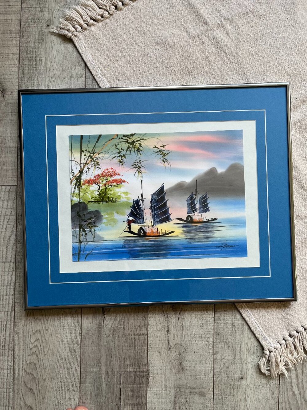 Signed Vietnamese Style Painting Junk Boat Seascape Framed 50x40 cm Vintage